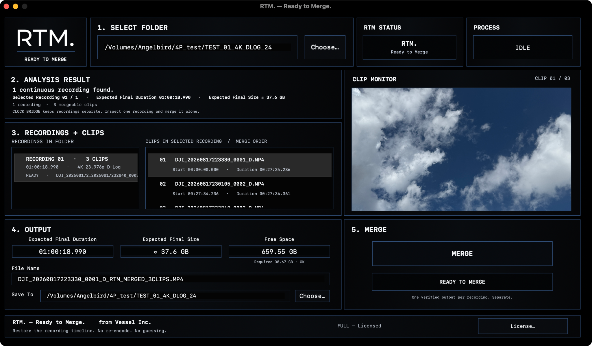 RTM. interface showing a detected recording, three clips, 16:9 preview, output duration, size and free disk space.